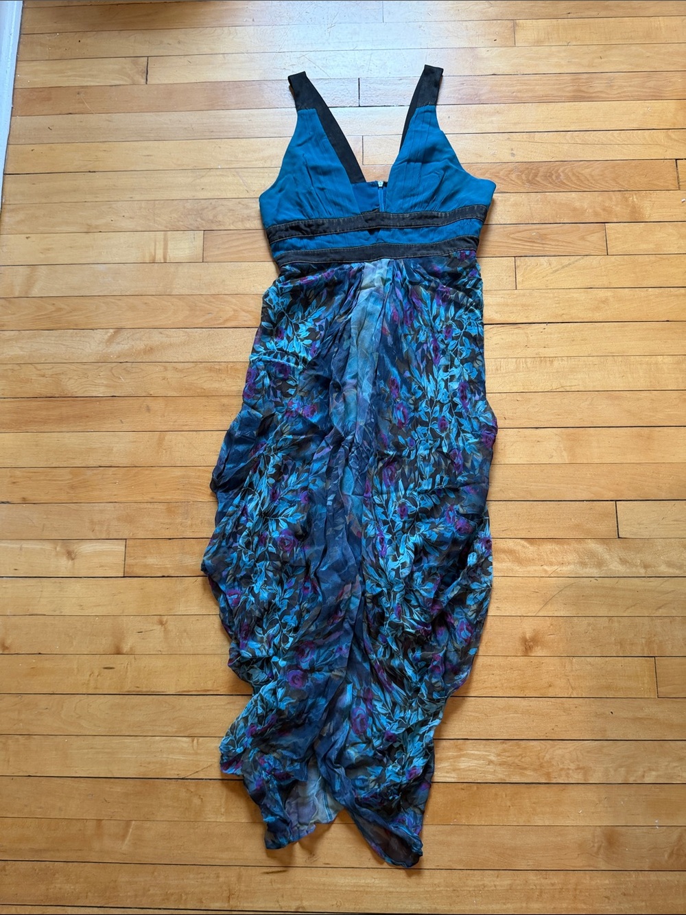 Vintage BeBe Sleeveless Teal & Multicolor Floral V-Neck Maxi Dress
